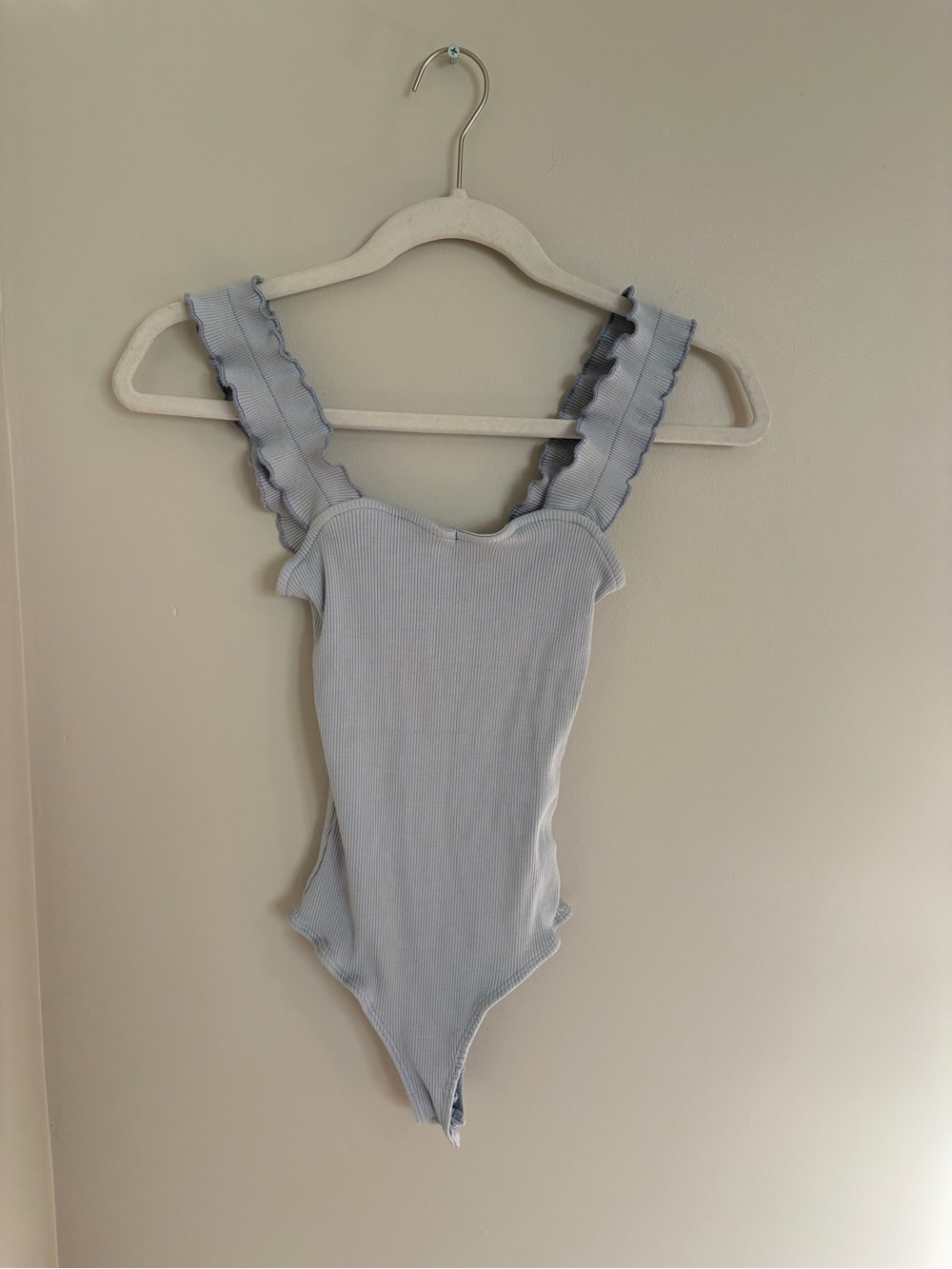 Francesca's Collections Light Blue Ribbed Ruffle-Strap Bodysuit